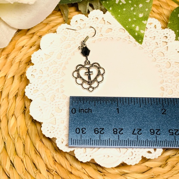 Graceful Filigree Heart Silver Cross Dangle Earrings - Picture 8 of 10